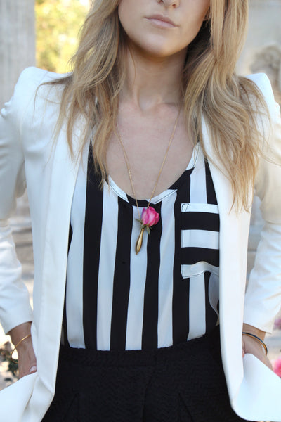 PInk Rose Necklace makes a nice Floral Accessory to soften this black and white pant suit on Rachael at Everything Hauler l Vase Jewelry by Fleurings