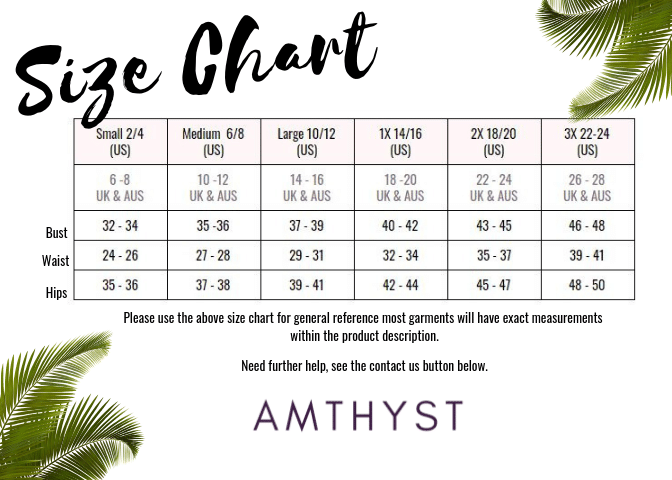 Size Chart for Amthyst Boutique
