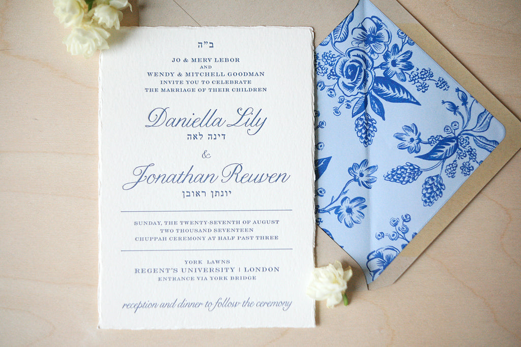 Letterpress Wedding Invitations with Blue Floral Envelope Liner