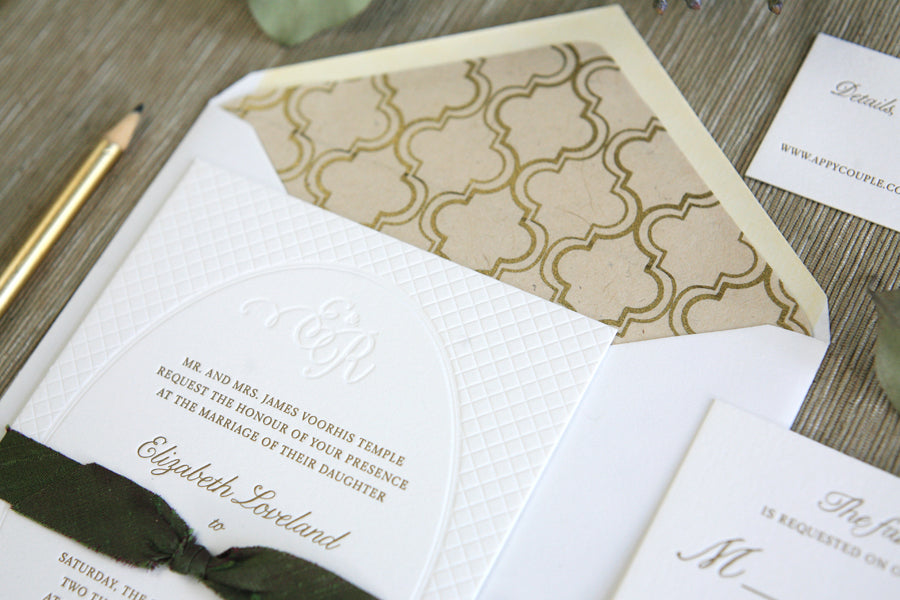 Letterpress Wedding Invitations Green and Gold