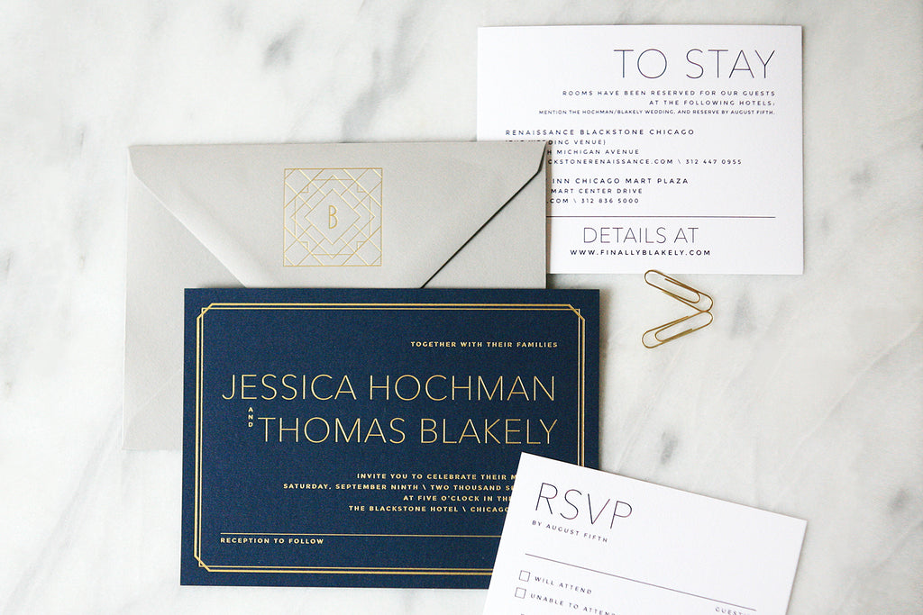 Navy and Gold Foil Wedding Invitations