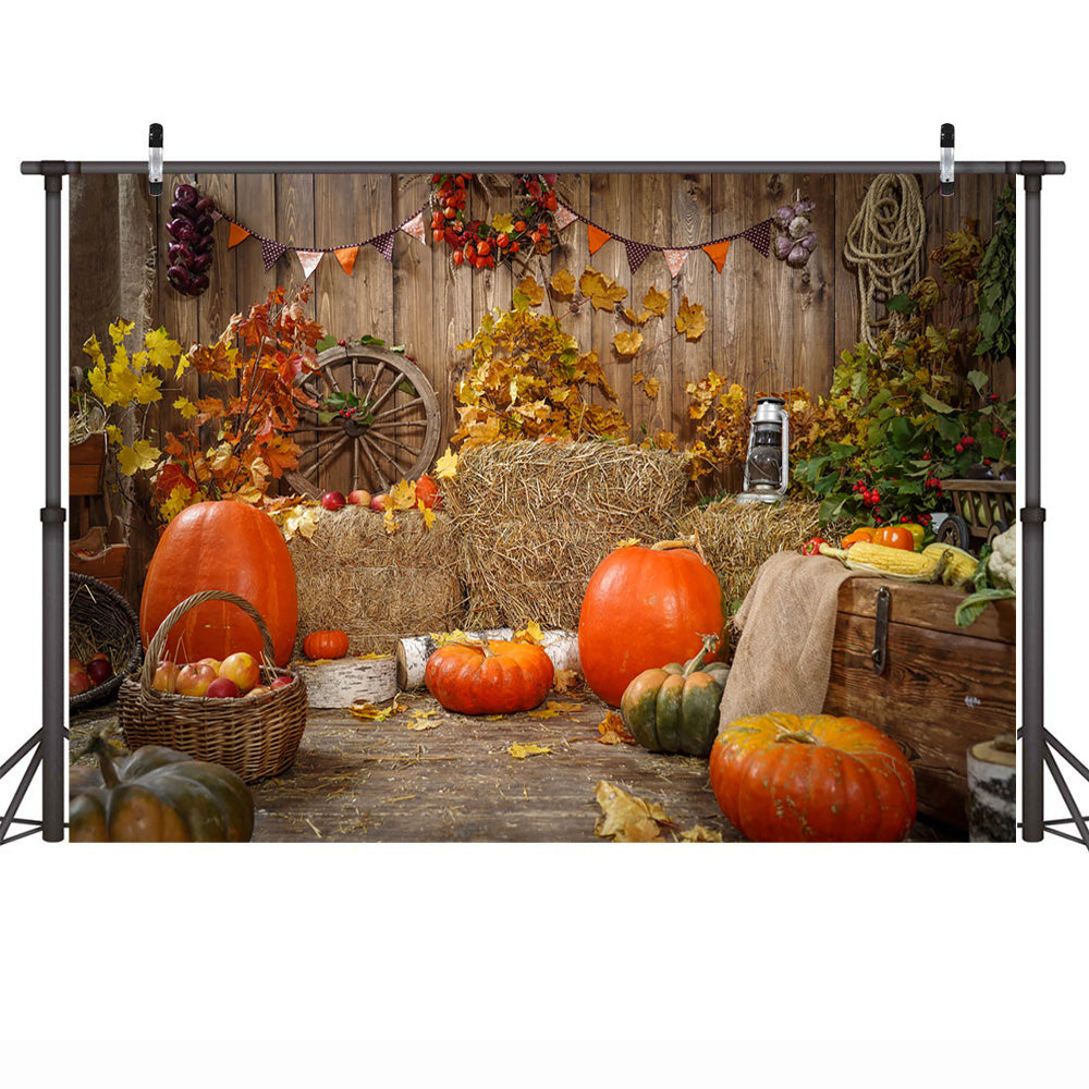 YongFoto 12x10ft Thanksgiving Day Photography Backdrop Autumn Pumpkin Harvest Rustic Wooden Floor Barn House Straw Background Baby Portrait Party Decoration Photo Studio Booth Props 