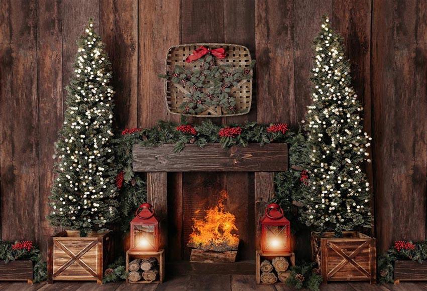 Brown Wooden Photography Backdrops Christmas Fireplace Background Back