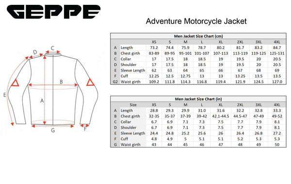 Geppe ADventure Jacket Size Chart