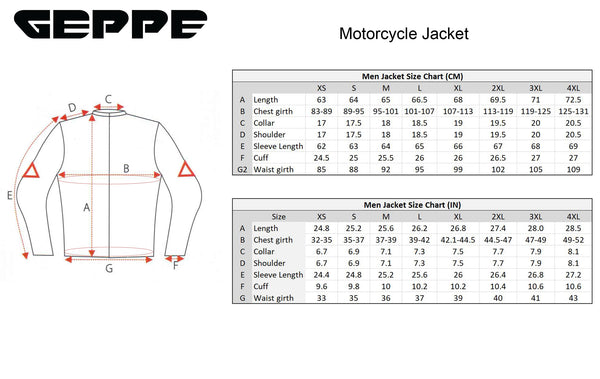 Geppe Jacket Size Chart