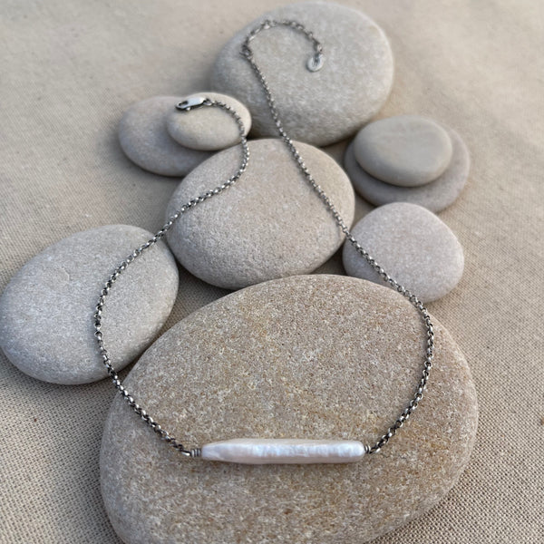 Biwa Stick Pearl Necklace Sterling Silver or Gold Filled