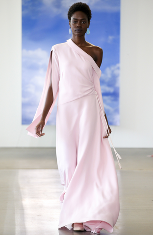 Pink asymmetrical maxi length runway dress