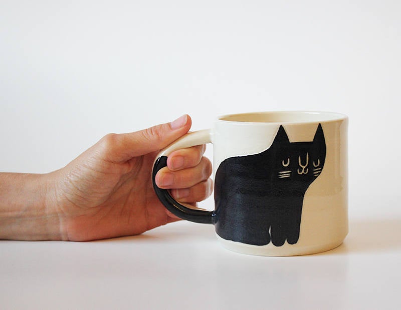 Black and White Happy Cat Mug with Tail on Handle 
