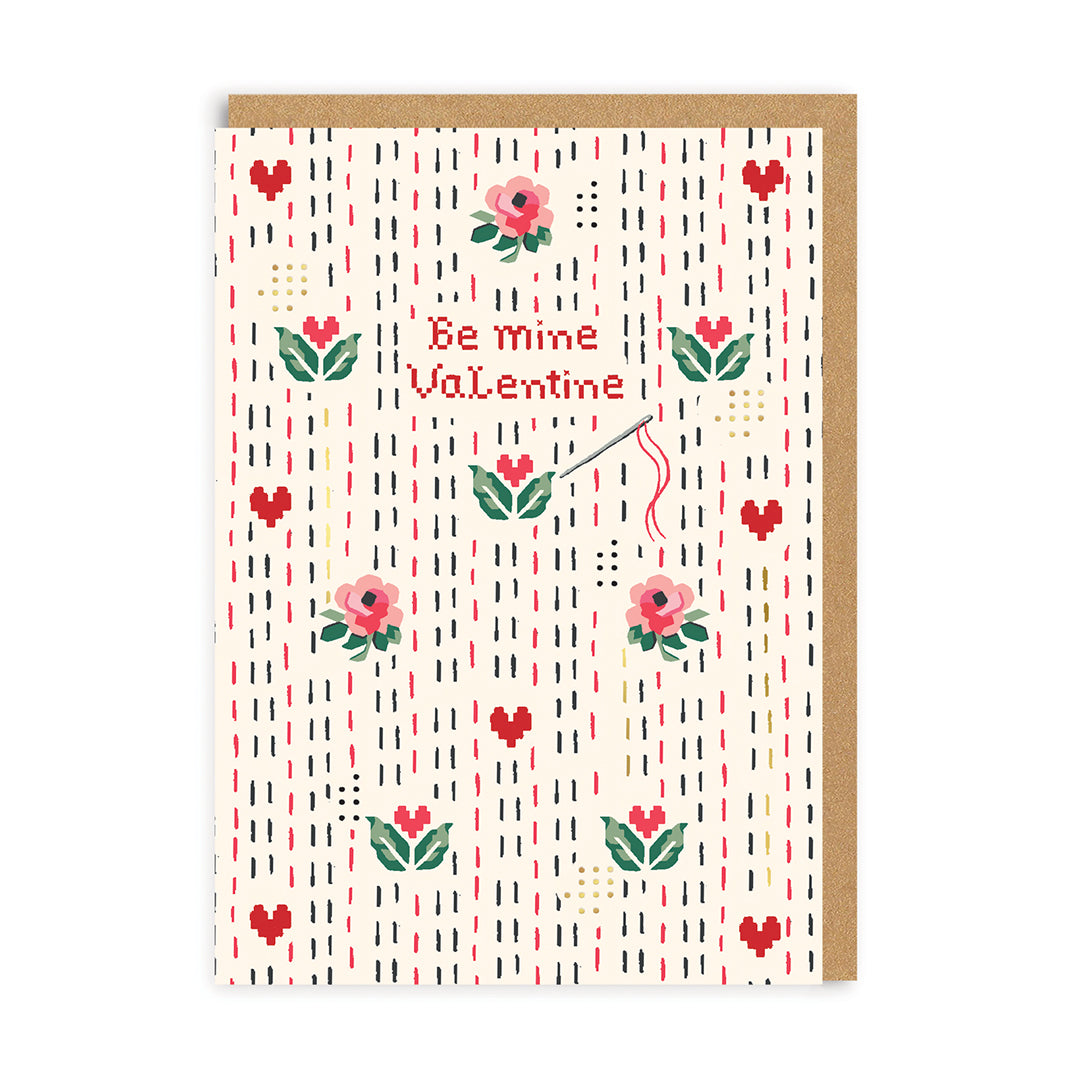 Valentine’s Day | Valentines Card For Him or Her | Be Mine Valentine Stitch Ditsy Card | Cath Kidston Unique Valentine’s Card | Made In The UK, Eco-Friendly Materials, Plastic Free Packaging