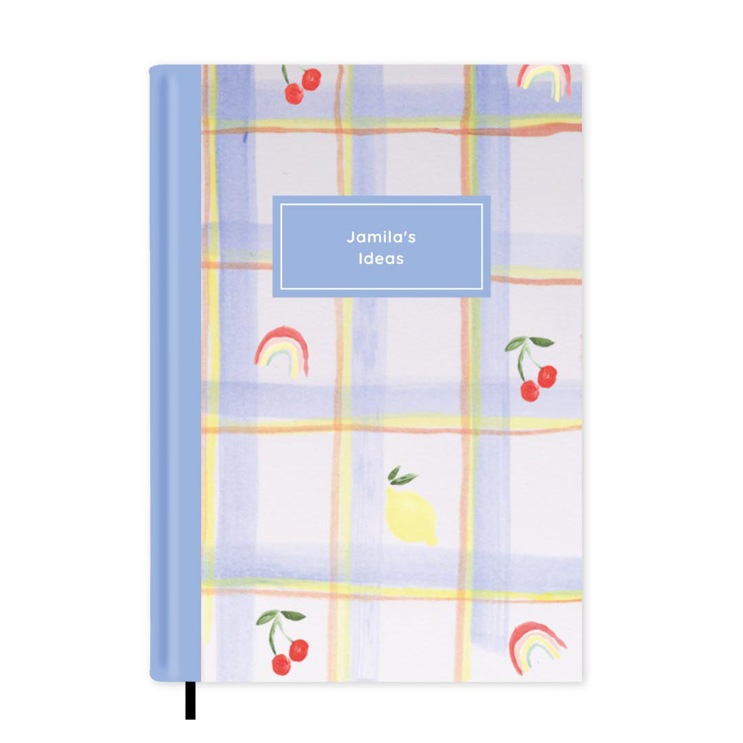 Blue Checked Rainbow & Cherries Personalised Notebook A5, Hard Cover / Plain