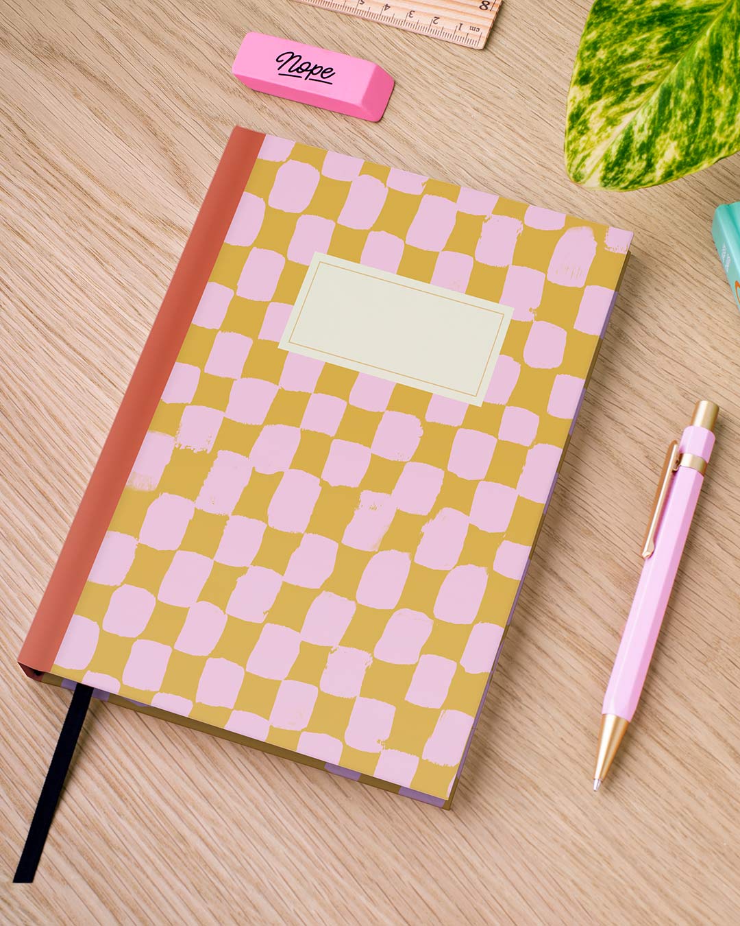 Painted Check Pink and Mustard Personalised Notebook, Hard Cover / Dotted