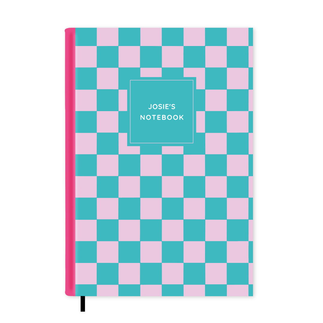 Turquoise & Pink Check Personalised Notebook A5, Hard Cover / Lined