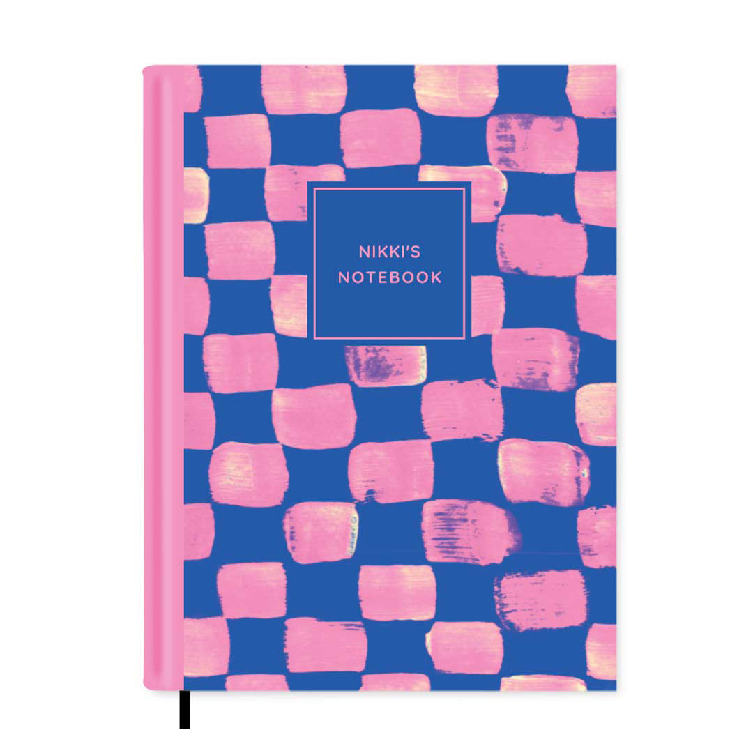 Pink & Blue Paint Check Personalised Notebook A5, Hard Cover / Lined