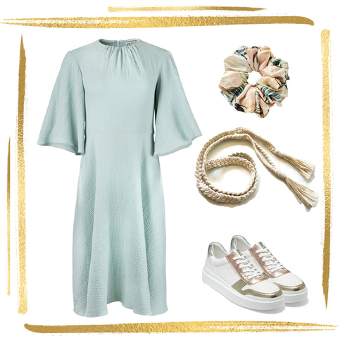 Photo collage of a mint colored flared dress with flutter sleeves and a gathered neckline. Shown with a pink and green pastel colored scrunchie, cotton braided belt with tassles, and white sneakers with gold and  rose gold accents