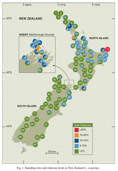 Map from "Essential oils from New Zealand manuka: Triketone and other chemotypes of Leptospermum scoparium" research study