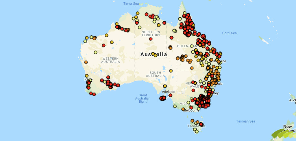 Map showing bush fires in Australia