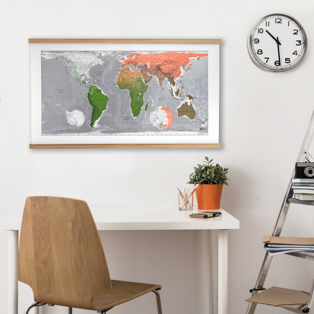 modern world map with wooden hanging rails