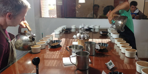 Cupping coffee with our growers in a recent trip to Peru