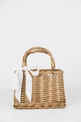 Box Basket Bag with Black and White Ribbon in Natural