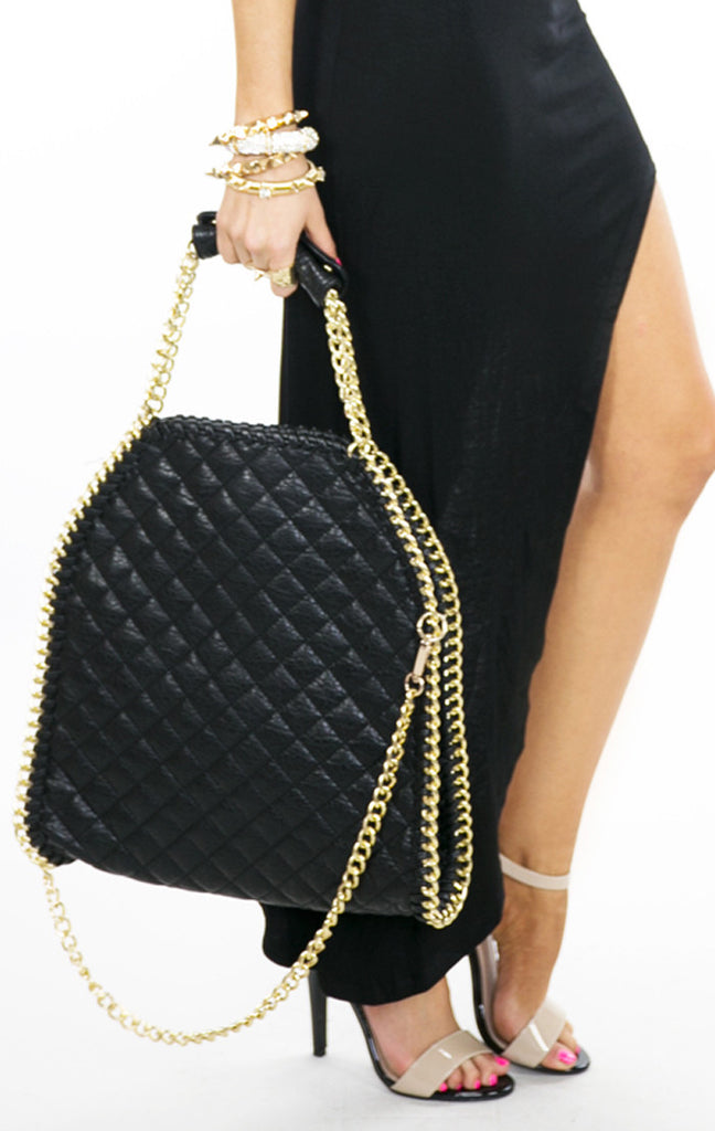 QUILTED LARGE TOTE BAG WITH GOLD CHAINS - Black | Haute & Rebellious