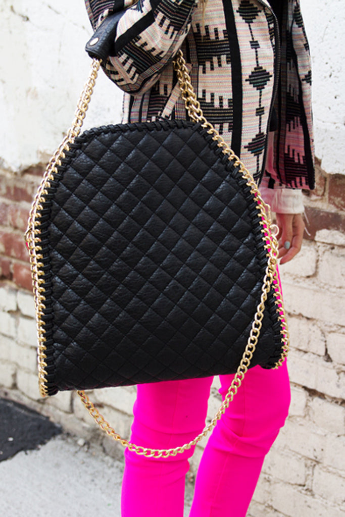 QUILTED LARGE TOTE BAG WITH GOLD CHAINS - Black | Haute & Rebellious