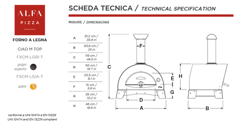 ALFA - CIAO Outdoor Pizza Oven Technical Specifications