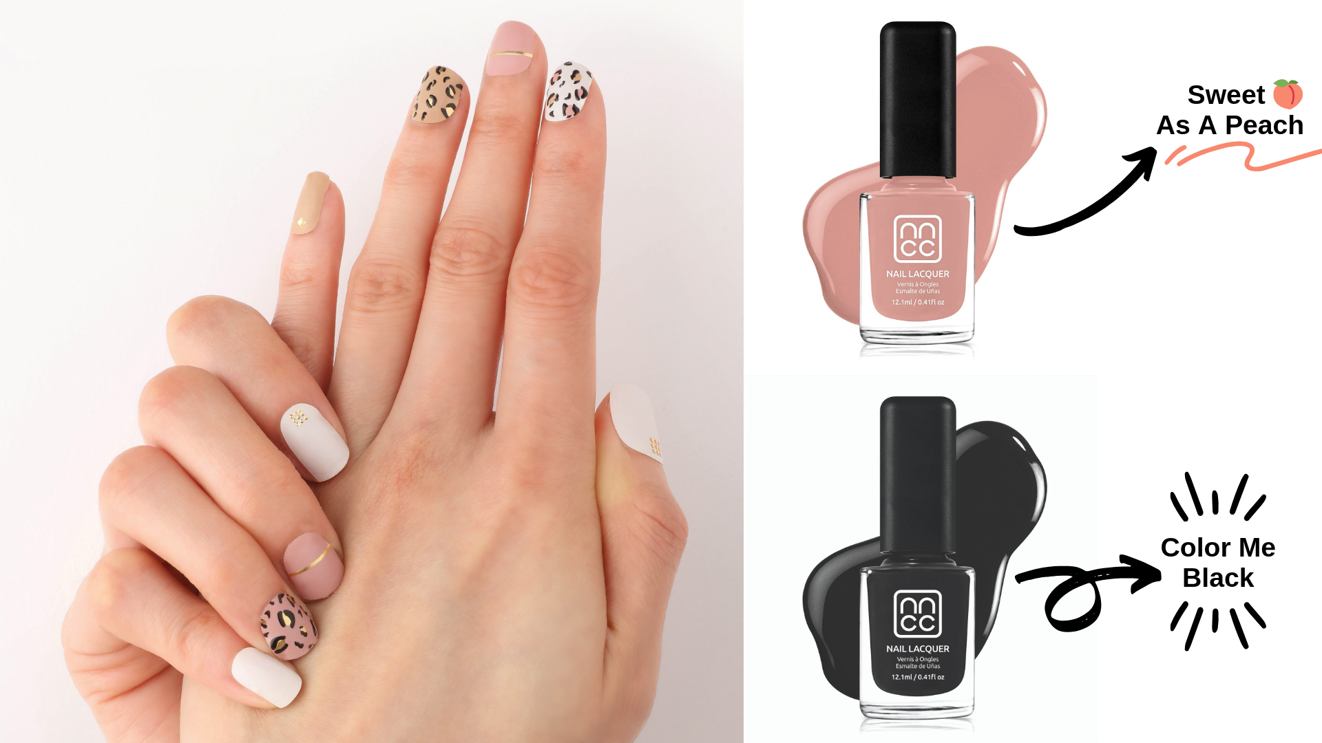 Nanacoco Insta Gel Nail Strips in Leopard and coordinating Nail Lacquer in Sweet As A Peach and Color Me Black