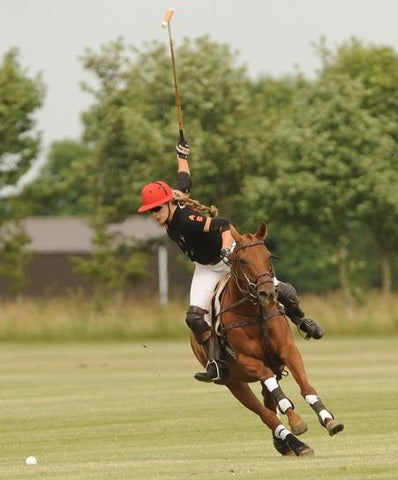 girl playing polo on bay horse