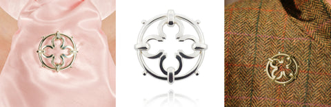 Three images of the wrought iron inspired solid silver or gold Blair brooch