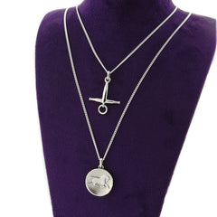 Purple display bust with solid sterling silver  horse coin necklace and fulmer bit necklace