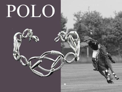 solid silver siognature polo bracelet with girl riding polo pony in the background