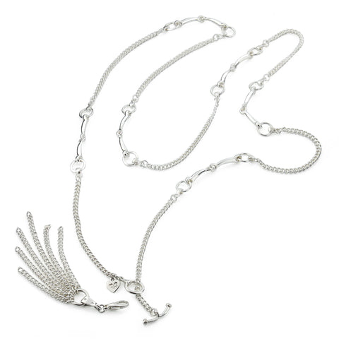 silver equestrian styled horsebit neclace with removable chain tassel on white