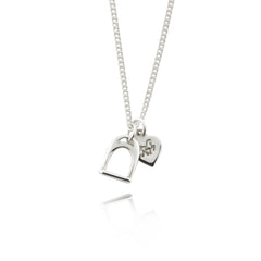 Small solid silver stirrup and heart charms on chain