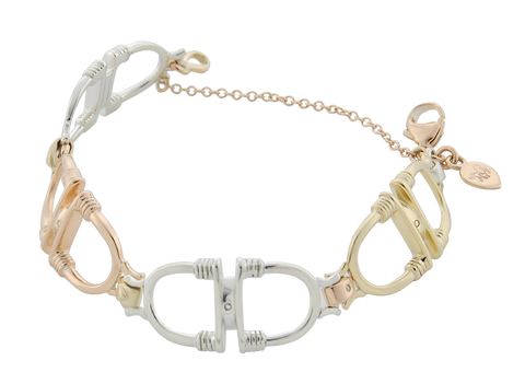 tri coloured gold stirrup bracelet from our Badminton collection on white background