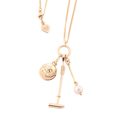 solid 9ct gold, diamond and cultured pearl polo inspired necklace