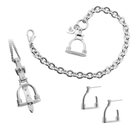 Necklace, earrings and bracelet with vintage stirrup design