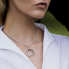 model wearing solid silver Blair ironwork necklace
