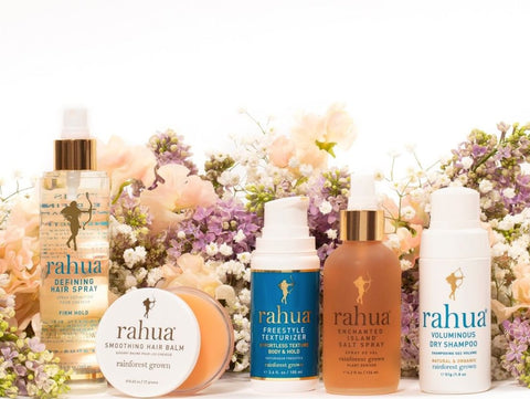 Rahua defining hair spray ,freestyle texturizer, enchanted island salt spray , voluminous dry shampoo and opened smoothing hair balm with lavender flowers in background