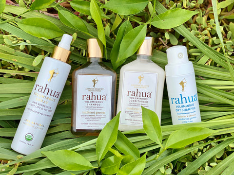 Rahua Voluminous spray , voluminous shampoo & conditioner and voluminous dry shampoo kept in between a bunch of green leaves.