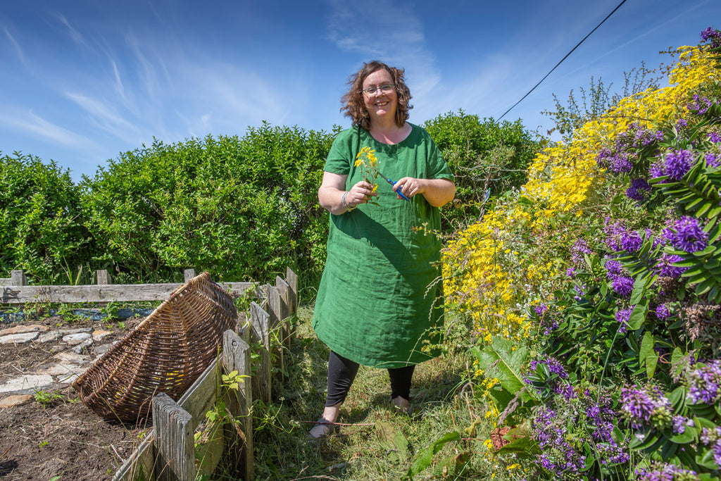 Plantswoman Amanda Saurin in her croft garden, Northton, Isle of Harris.