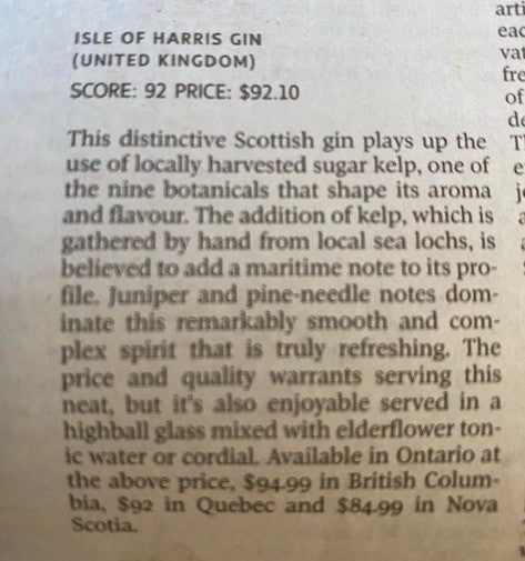 Isle of Harris Gin scores 92 in Canada's Globe & Mail.