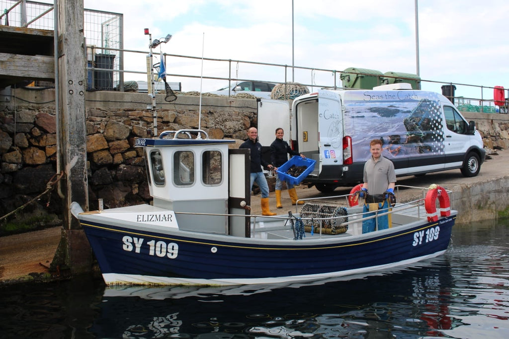 The Seas The Catch crew at Leverburgh harbour, Isle of Harris.