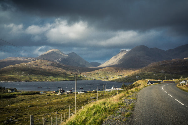 The long road north through the Harris hills.