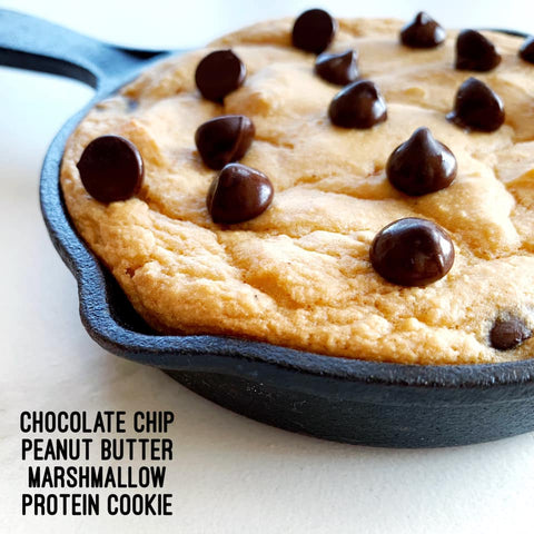 peanut butter marshmallow cookie protein skillet with chocolate chips