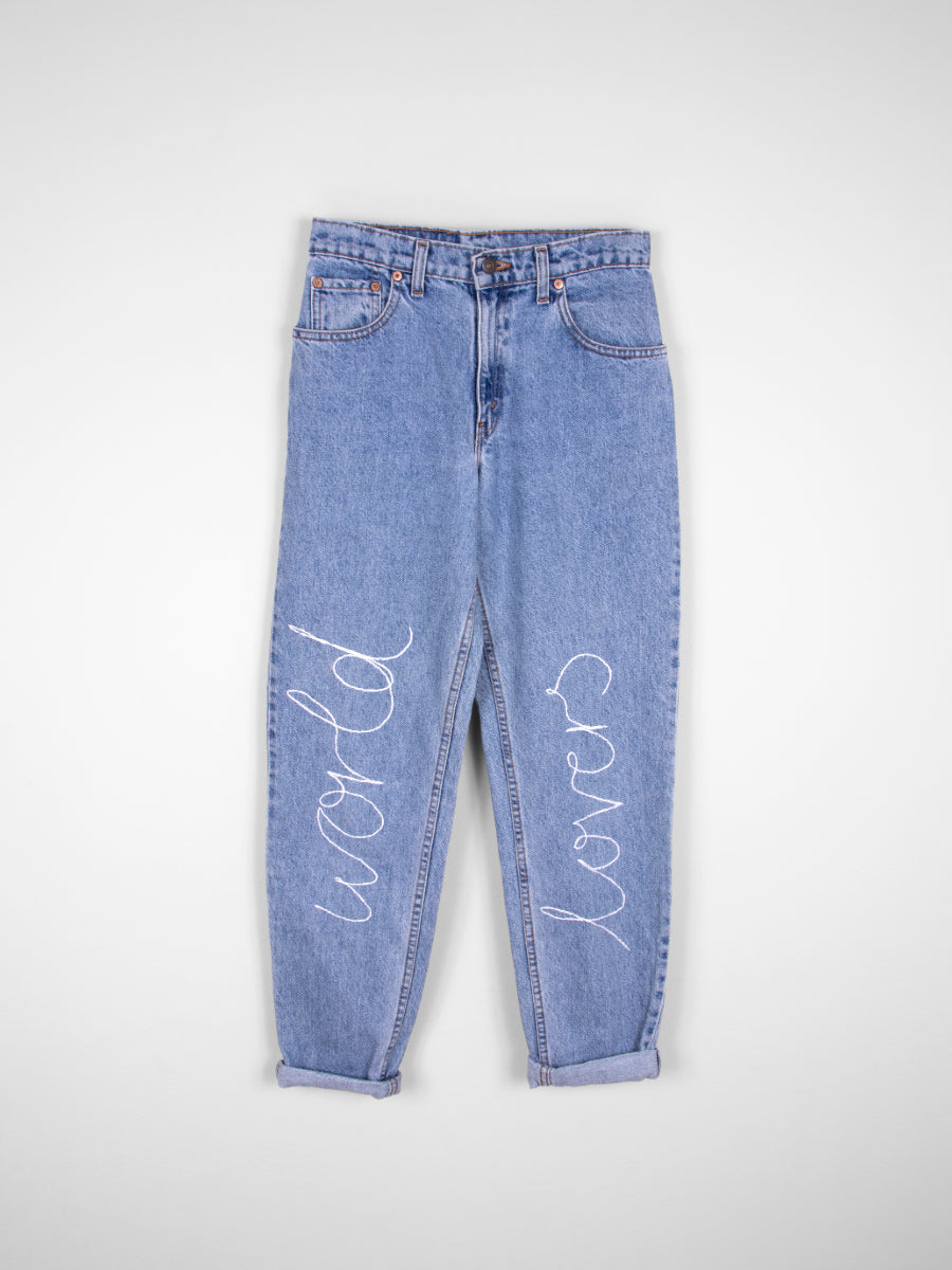 High Recycled Lovers" Embroidered Jeans, Blue Denim Fanfare Label