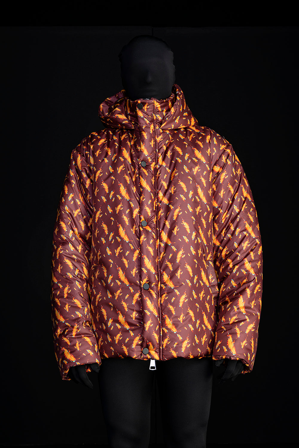 FEATHER PRINT HOODED PUFFER JACKET