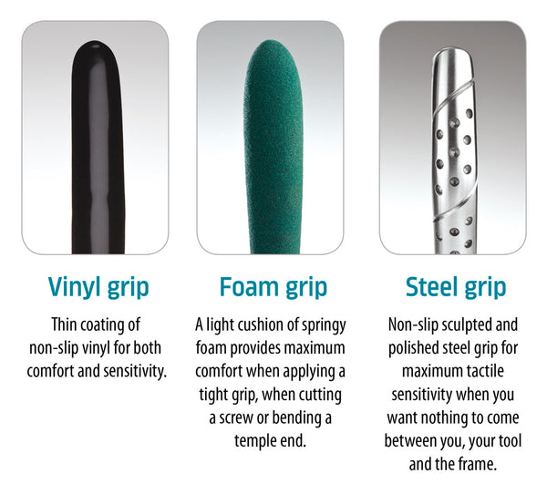 Diagram showing Western Optical's Vinyl, Foam and Polished Steel grips with photos of each