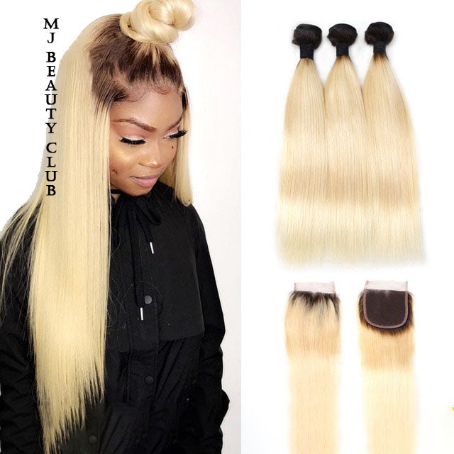 Brazilian Straight Honey Blonde Ombre Extensions With Lace Closure