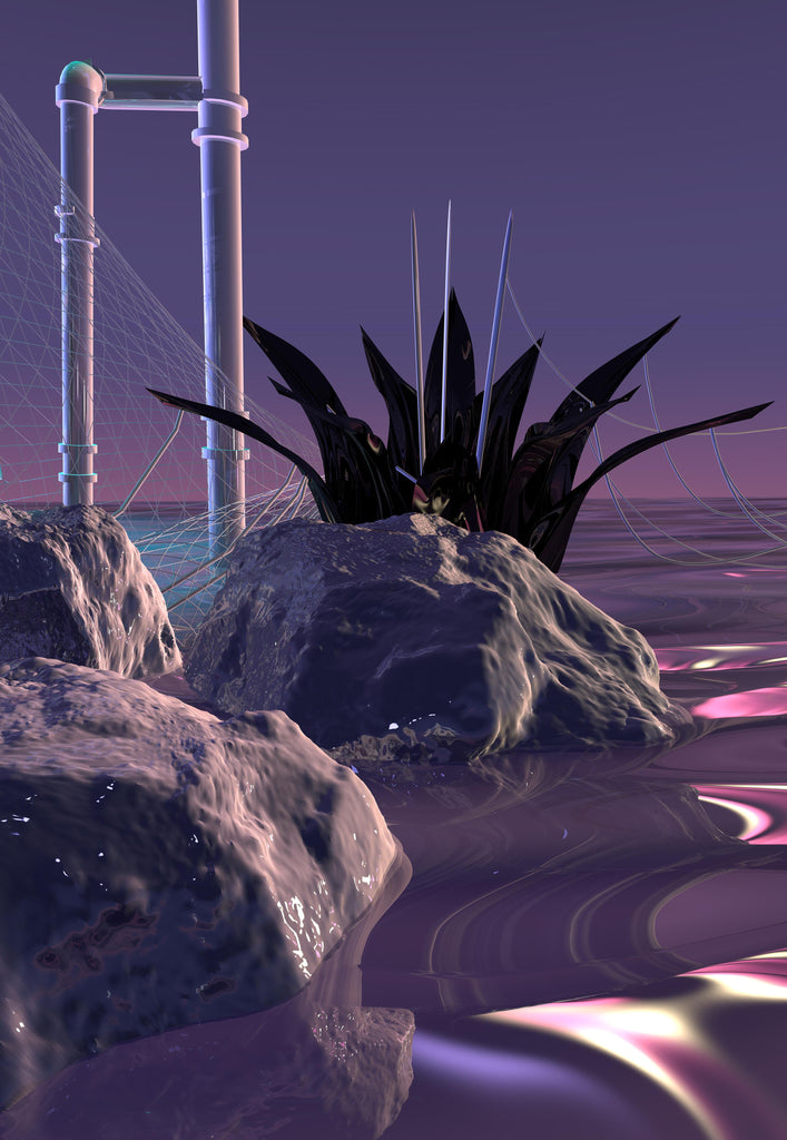 Part of RIFT by Kerrie IRL in the "Be Abundant" room from Cyber Sanctuaries. An image of a calm virtual world featuring 3D iridescent water lapping against large boulders, one of which is sprouting a large plant similar to a snake plant.