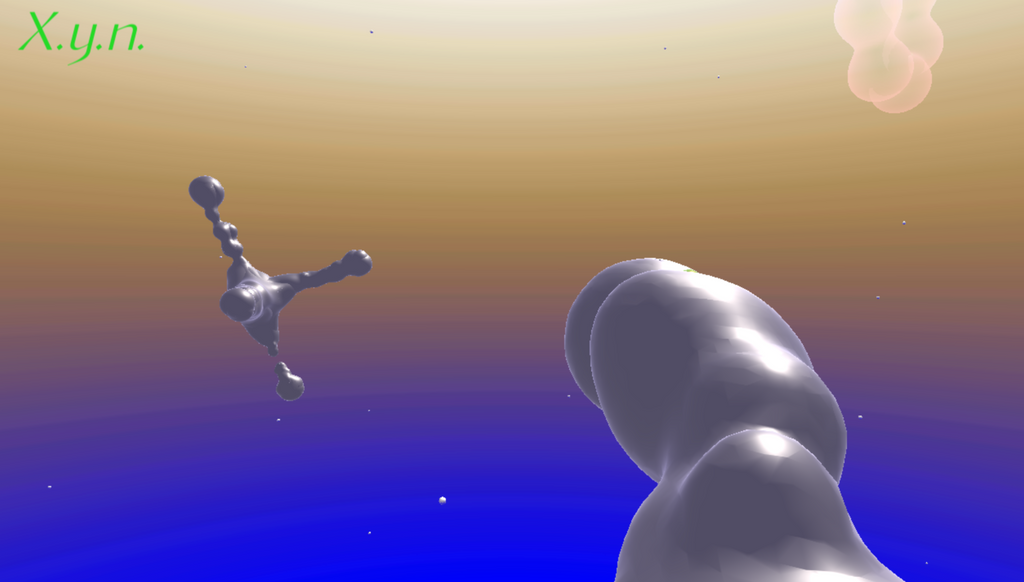 Screengrab of 'A Motion for X.y.n.ing' by Kumbirai Makumbe in the "Be Weightless" room at Cyber Sanctuaries. An image of an aspatial place, perhaps somewhere in space as there is an orange sky gradient fading into deep blue at the bottom. Bulbous, grey floating objects permeate the space.